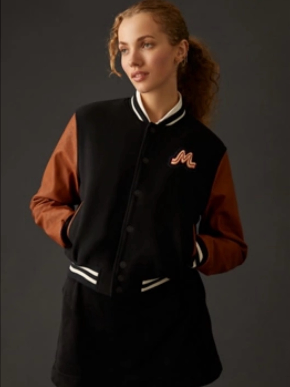 MOTHER The Double Letterman Varsity Jacket Black Tan